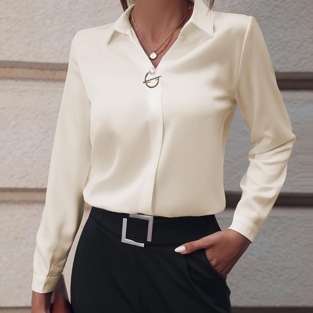 Women's Slim Fit Solid Color Long Sleeve Blouse Elegant Commuter Shirt Office Wear Top