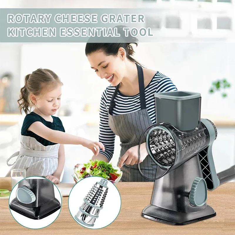 3-in-1 Rotierender Käse-/Gemüsehobel & Nussmühle, Manueller Küchenschneider mit Transparentem Behälter für Erdnuss-/Lebensmittelzubereitung