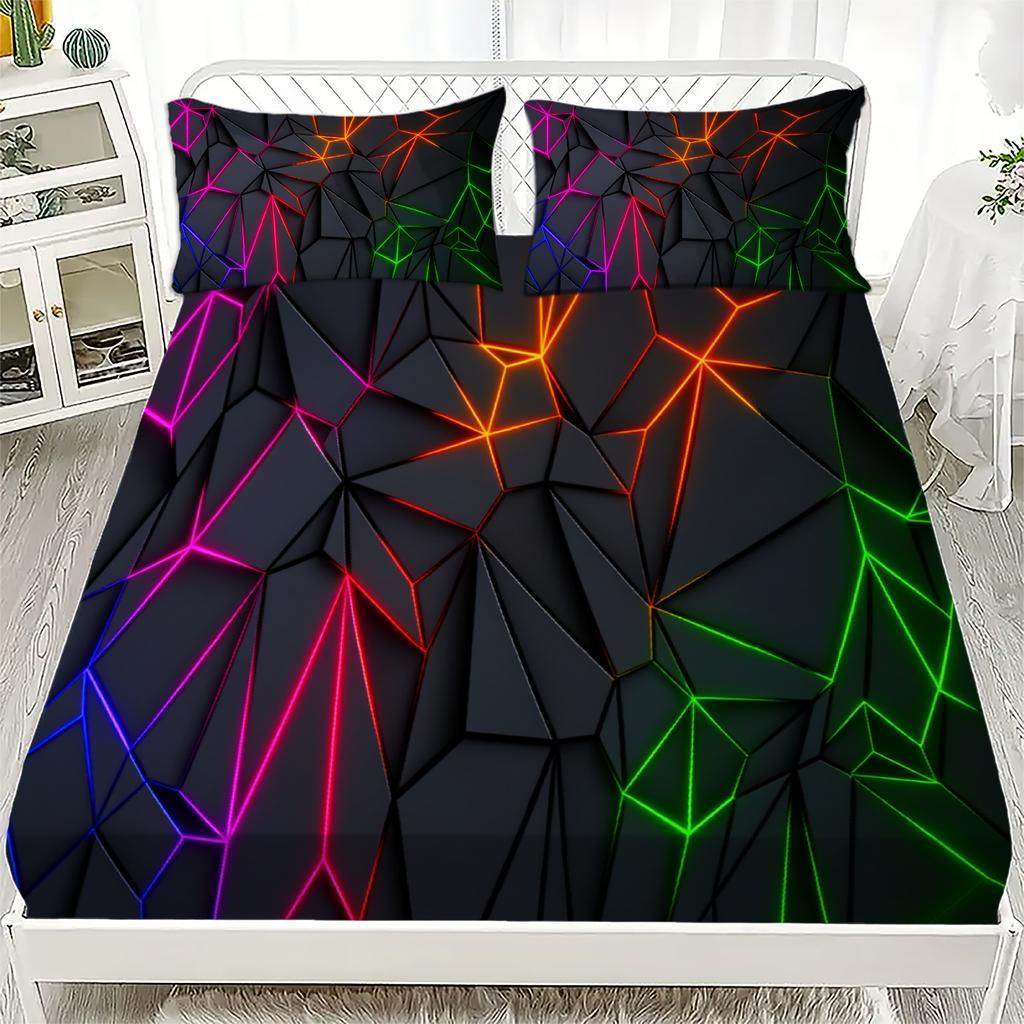 3PCS Multi-color Fitted Sheet Gemoetric Fragment Printed Flat Sheet Set With Pillowcases No Filling Cool Vivid Visual Style