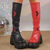 Fashion 11CM Women Punk Style Autumn Chunky Platform High Boot Party Shoes Ladies Black Red Mixed Thick Heels Elastic Knee High Boots