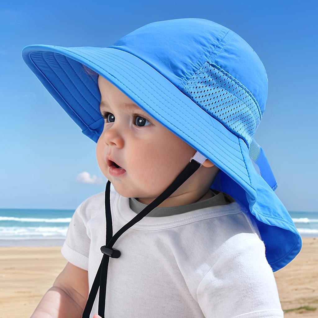 Children's Outdoor Wide-Brim Neck-Protection Hat, Breathable Mesh Sun Hat with Windproof Cord, Beach Play Hat