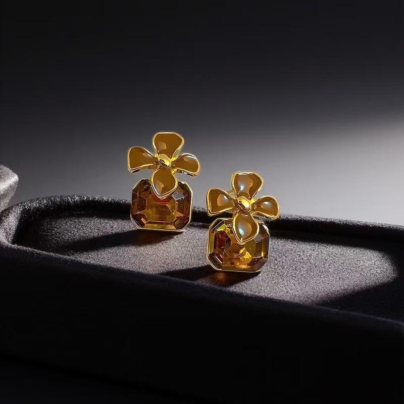 Элегантные квадратные серьги-цветы с цирконами и бриллиантами для женщин - Светлая роскошь, модные аксессуары высокого класса кофейный