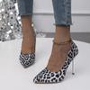 High Heels 2024 New Women's PU Leather Casual Office Slip-on Stiletto Heels Fashion Pointed Nightclub Leopard Design Dance Shoes