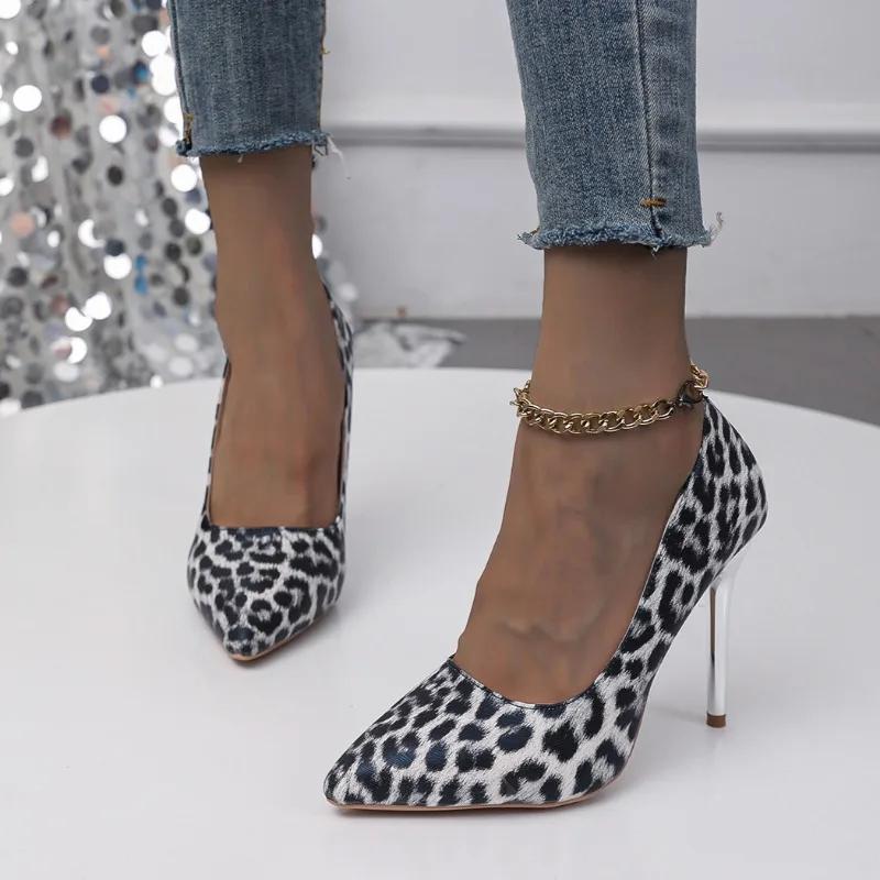 High Heels 2024 New Women's PU Leather Casual Office Slip-on Stiletto Heels Fashion Pointed Nightclub Leopard Design Dance Shoes