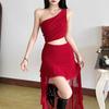 INS European and American style 2026 summer new women's clothing solid color slim-fitting street fashion diagonal collar shoulder dress