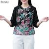 ZANZEA Women Casual Round Neck 3/4 Sleeve Loose Print Blouse