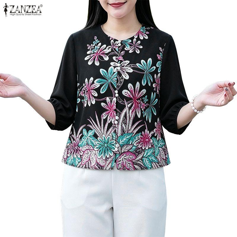 ZANZEA Women Casual Round Neck 3/4 Sleeve Loose Print Blouse