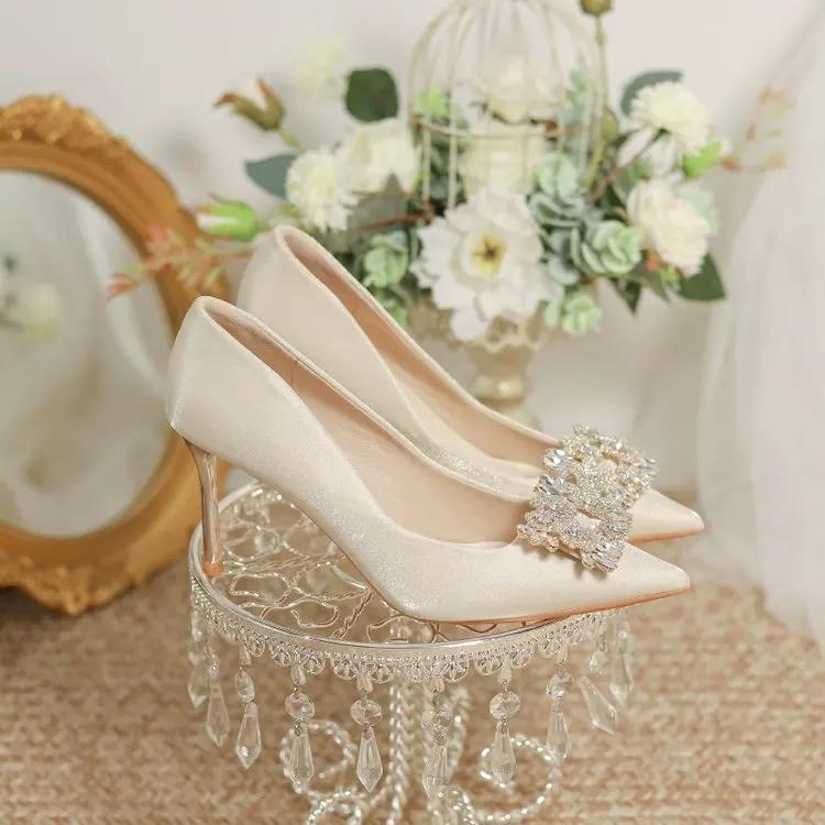 Champagne Colored High Heels Wedding Shoes for Women 2025 New French Cloth Surface Rhinestone Pointed Toe, Slim Heel Shoes Women
