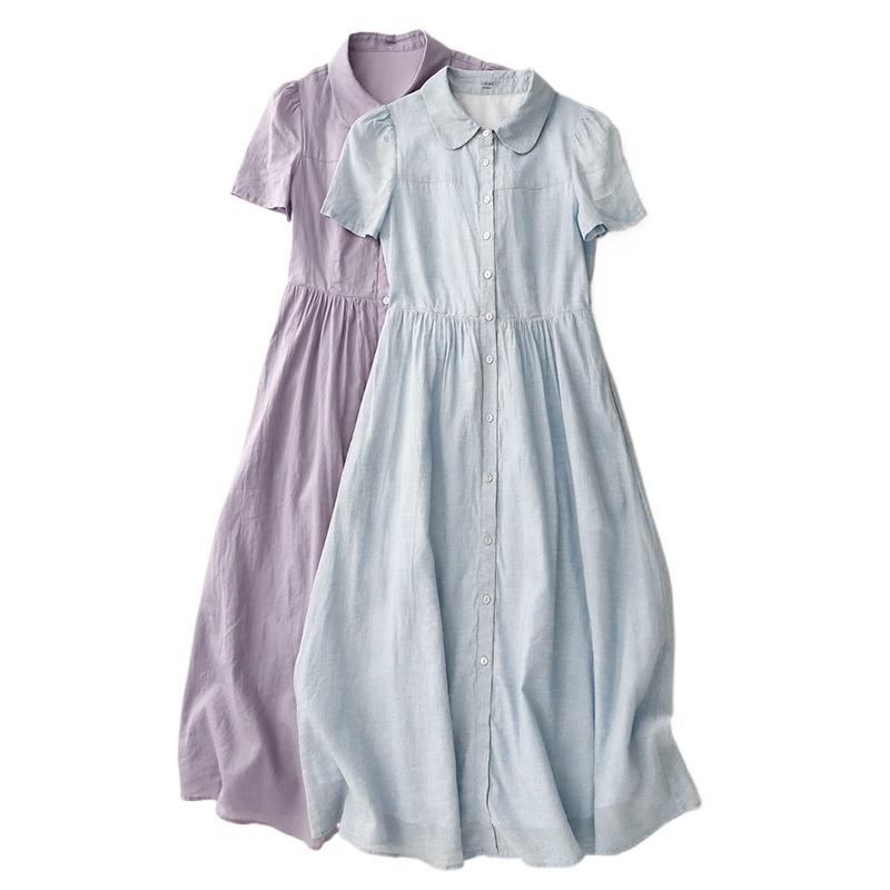 Real shot summer new cotton and linen literary loose casual large size doll collar dress women's clothing