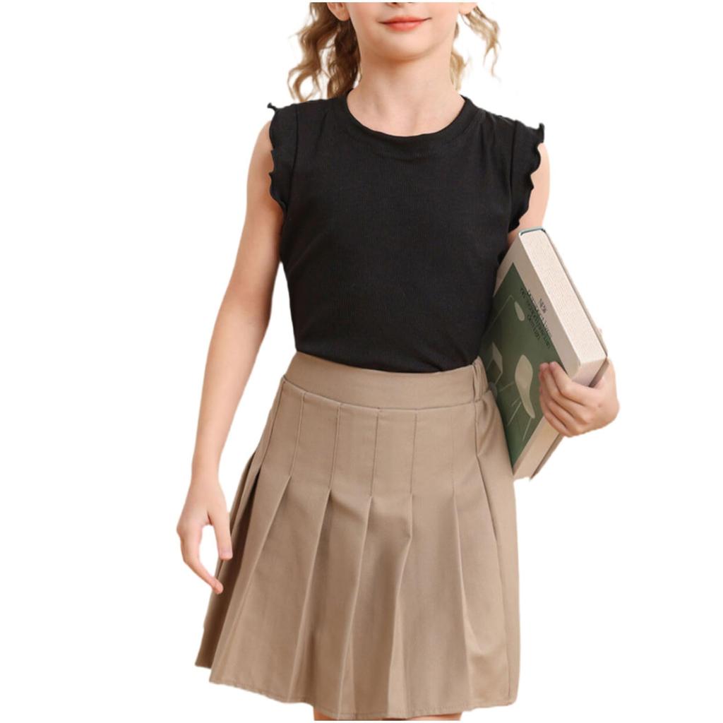 Girls Ruffle Sleeveless CuteKids Tops Loose Crewneck Pullover Casual Tees