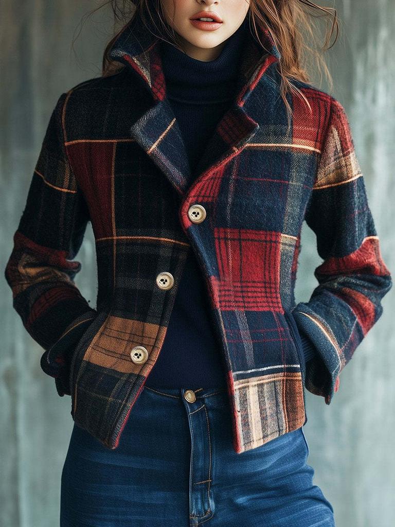 Women's Vintage Padded Coat Autumn Winter Stand Collar Patchwork Button Coat Small Blazer