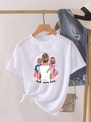 (Asian Size) Short Sleeve T Shirt Cartoon Watercolor Mom Mama O-neck Tee Clothing Top Casual Fashion Print Lady Female Women Graphic T-shirts
