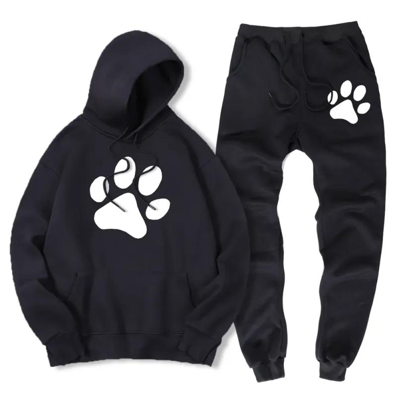Tuta da Uomo Felpa e Pantaloni da Tuta con Stampa Zampa di Cane Cartone Animato Autunno Inverno Caldo Pile Set da 2 Pezzi Abbigliamento Sportivo Tuta Maschile