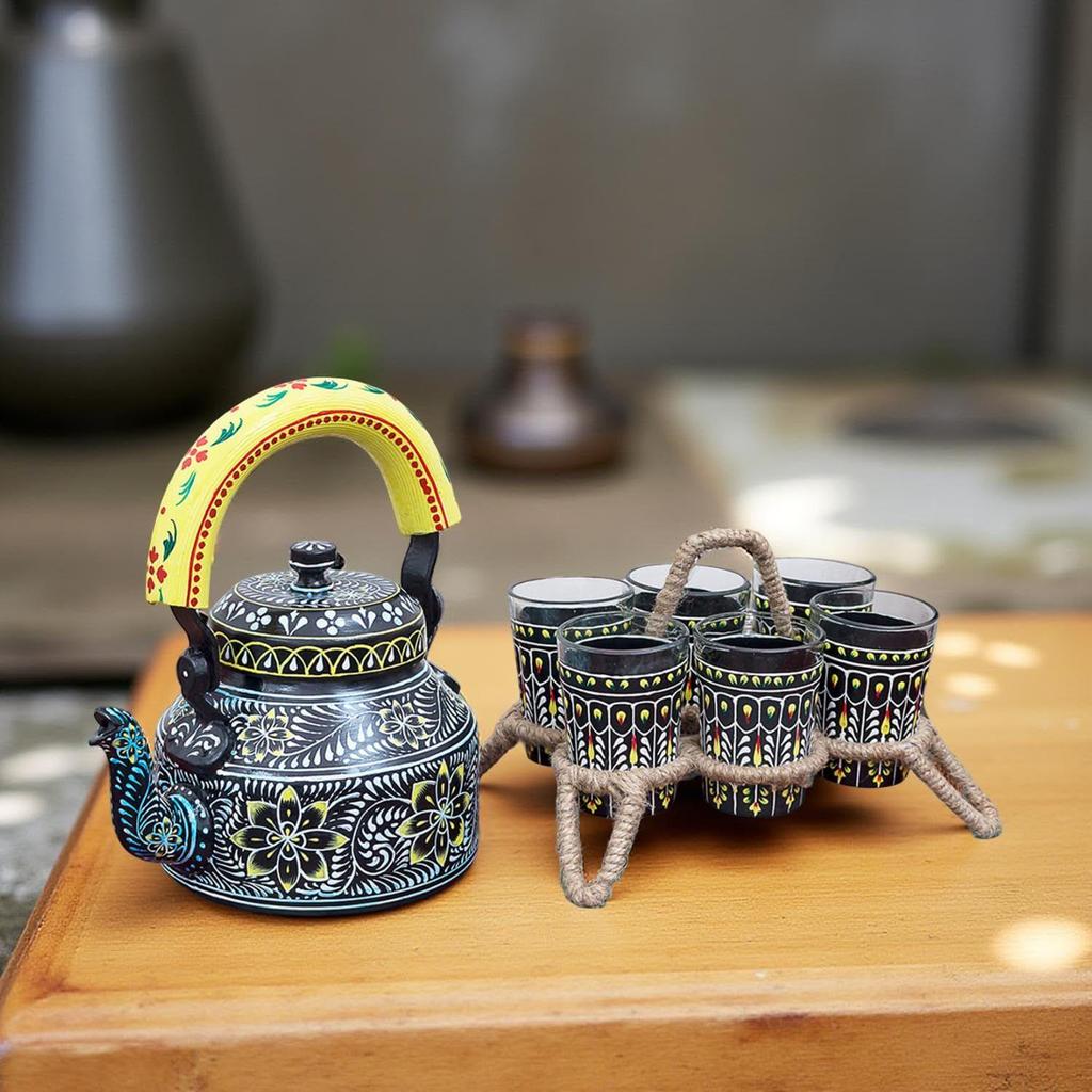 Handcrafted & Handpainted Multicoloured Aluminium Tea Kettle Pot and 6 Glasses with Stand (Black, Yellow, White)