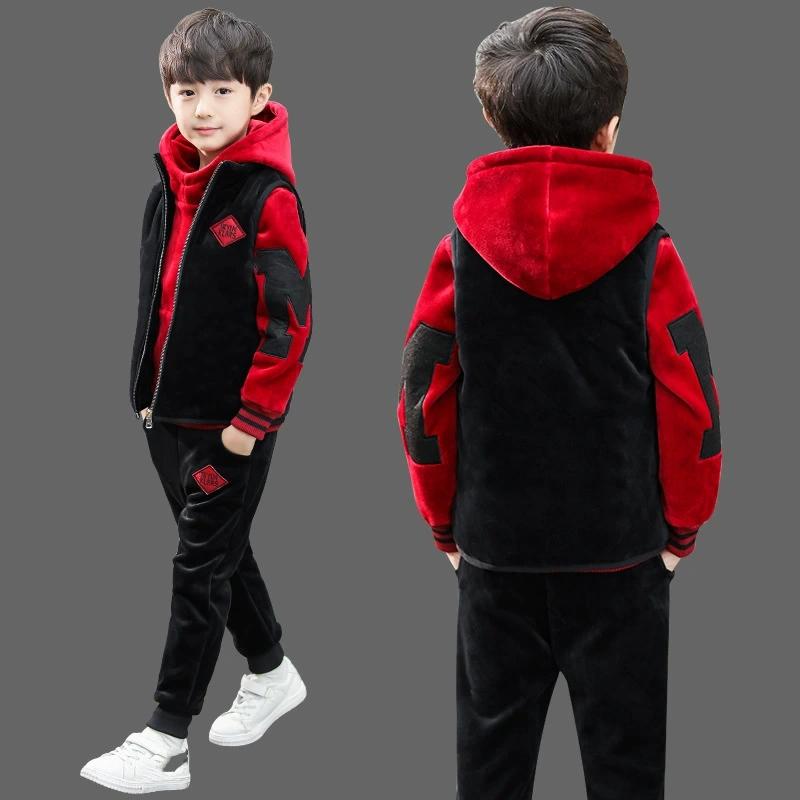 Autumn Winter Boys Tracksuit Teenager Clothes Velvet Zipper Vest Jacket + Hooded + Pant Children Set Kids 8 9 10 11 12 Year