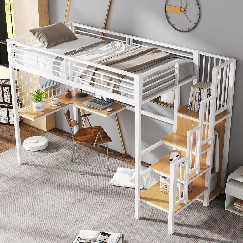 [32552890WAA] Iron Bunk Loft Bed, for Children and Teenagers, Table and Wardrobe, Side Ladder Handrail, Iron+Chipboard, White+Natural, 90x200cm