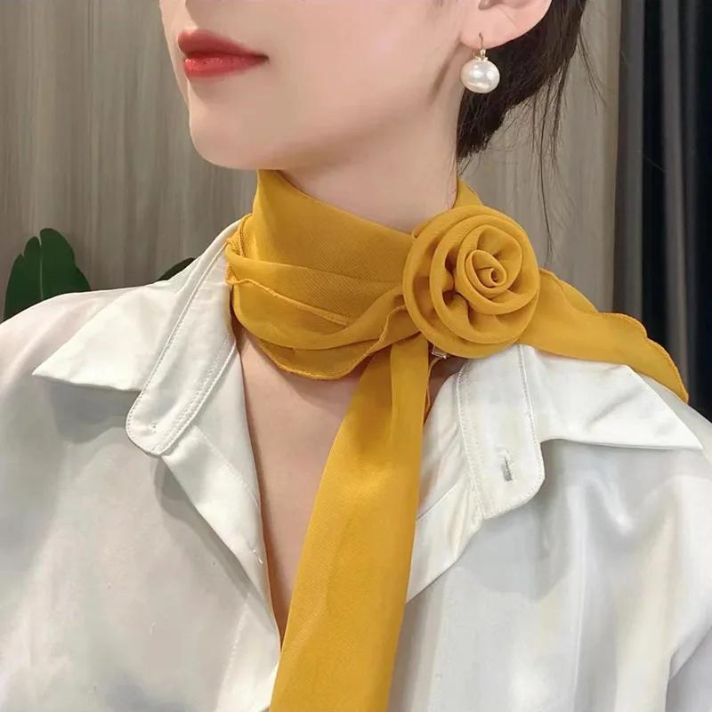 Fashion Chiffon Scarf Trendy Elegant Detachable Rose Decor Neck Scarf Versatile Floral Scarf Shawl Neck Scarves Neckerchief