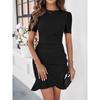 QICED Women's Fashion Summer Spring Solid Color Print O-Neck Short Sleeve Casual Dresses