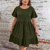 Ladies' Large Size Casual And Fashionable Solid Color Dress, Loose Short Sleeved Waist Cinched Dress