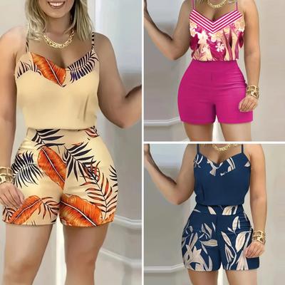 2 Piece Printed Outfits Sleeveless Tank Tops Shorts Elastic Waist Shorts Breathable Lady Commute Outfit for Everyday Parties Office Club Vacation