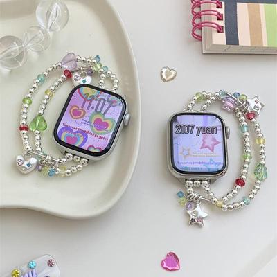 Colorful Heart & Star Bracelet for Apple S10, iWatch 9876 SE, and Xiaomi 89 Pro Watches