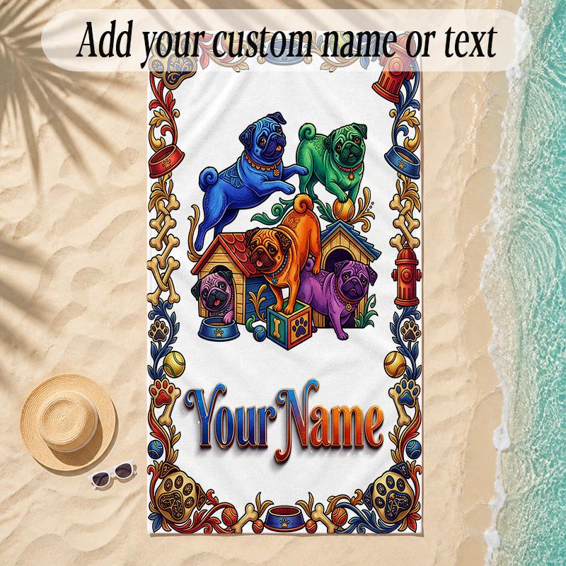 Pug Theme Soft Beach Towel Personalized Custom Name Text Towel Portable for Beach Pool Travel