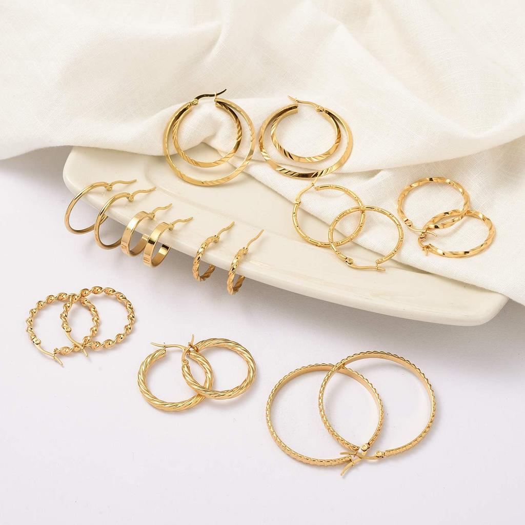 Jinxiuge 12 Pairs Gold Hoop Earrings Set Stainless Steel Twisted Round Small Chunky Hoop Earrings for Women