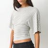 Q25TP400 Women's Slim-Fit Autumn Striped Round Neck Short Sleeve Top