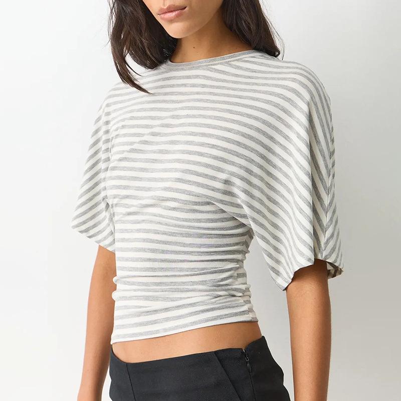 Q25TP400 Women's Slim-Fit Autumn Striped Round Neck Short Sleeve Top