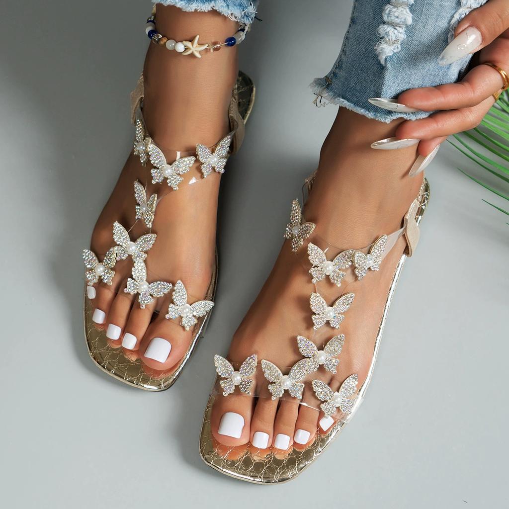 Size 36-43 4 New Summer Bow Flats Square Elastic Clear Line with Beach Sandals