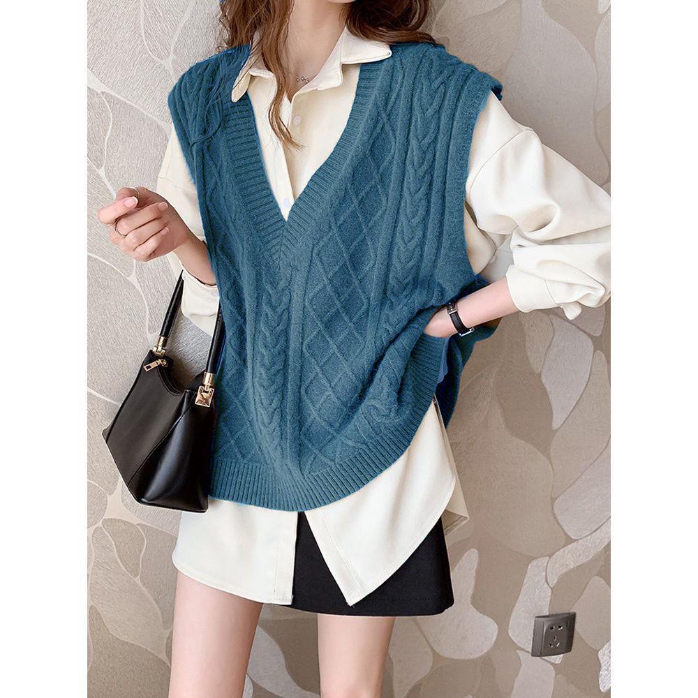 Women's Loose Fit Cable Knit V-Neck Sweater Vest - Autumn/Winter 2021, Thick OL Style, Korean Version.