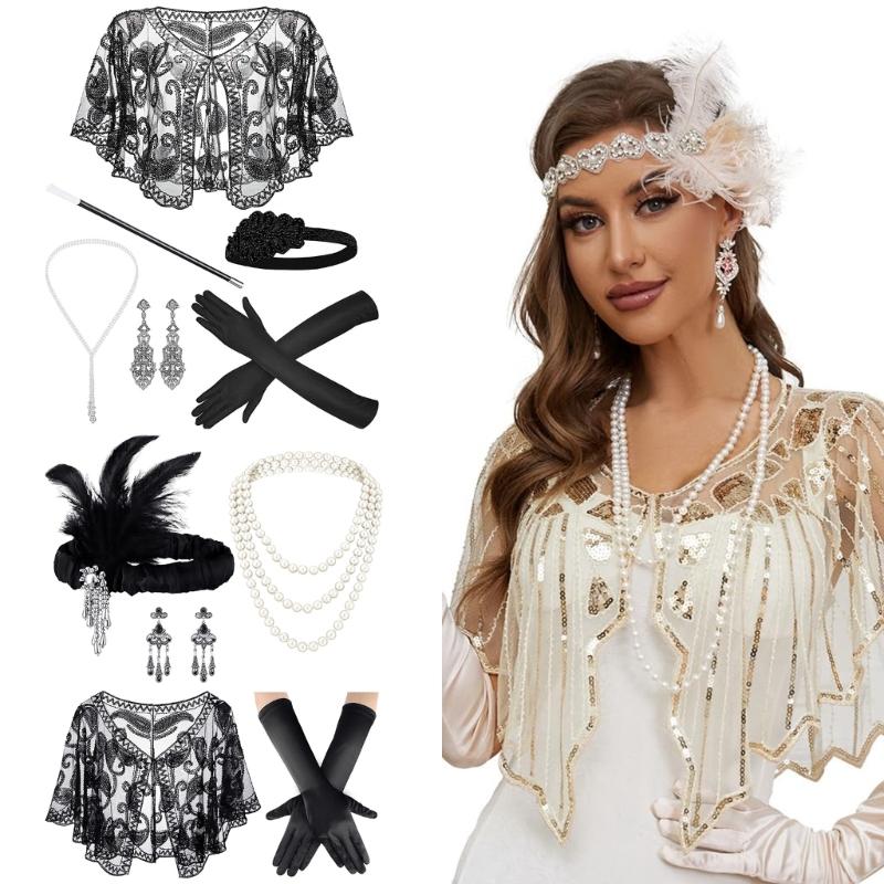 Vintage 1920s Flapper Party Women Costume Accessories Set Feather Headband Necklace Earrings Gloves for Cocktail Party