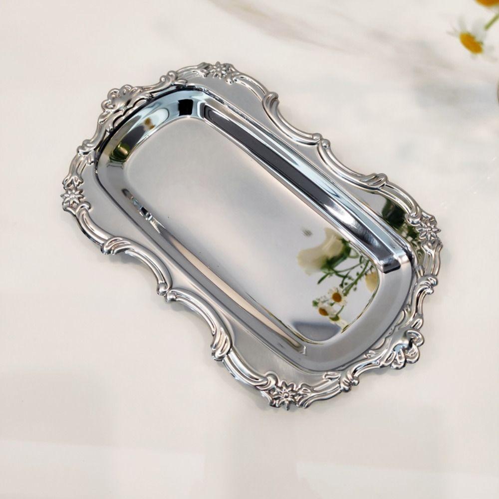 Embossed Dessert Plate Stainless Steel Jewelry Storage Plate Vintage Cake Tray  Home Decoration