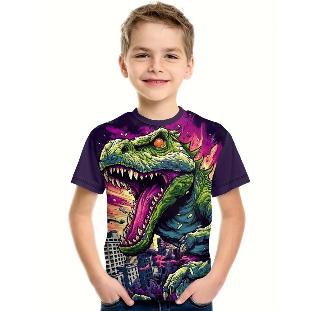 Children's Dragon Graphic 3D Digital Printed Boys' Fashion and Comfortable Round Neck Short Sleeved T-shirt