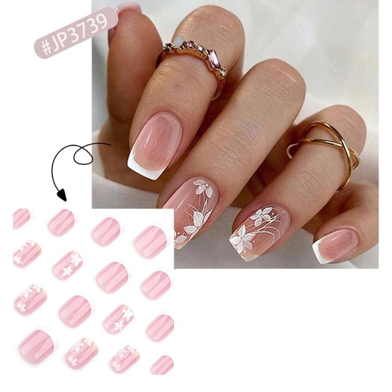 24 Piezas de Uñas Francesas Cuadradas Press-on con Diseños Florales Cobertura Completa Uñas Adhesivas Arte de Uñas de Moda para Primavera