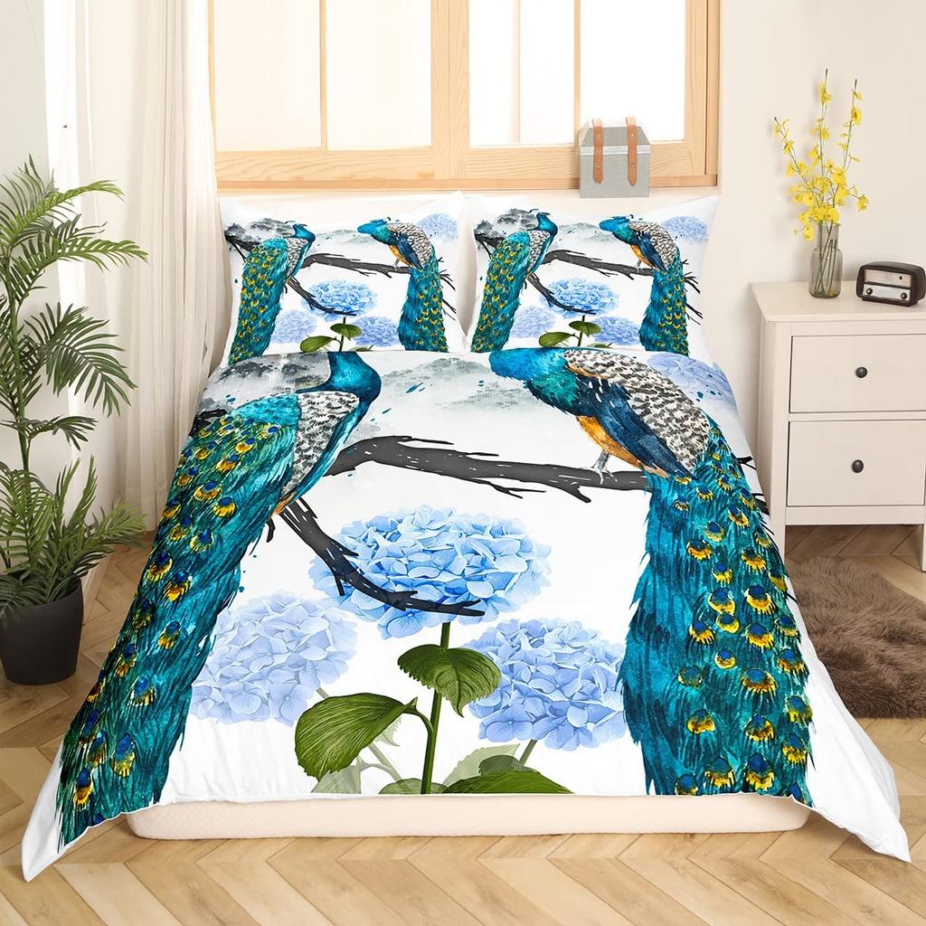 Peacock Duvet Cover King Queen Size Hummingbird Dragonfly Bedding Set Flowers Birds Quilt Cover Floral Animals Comforter Cover