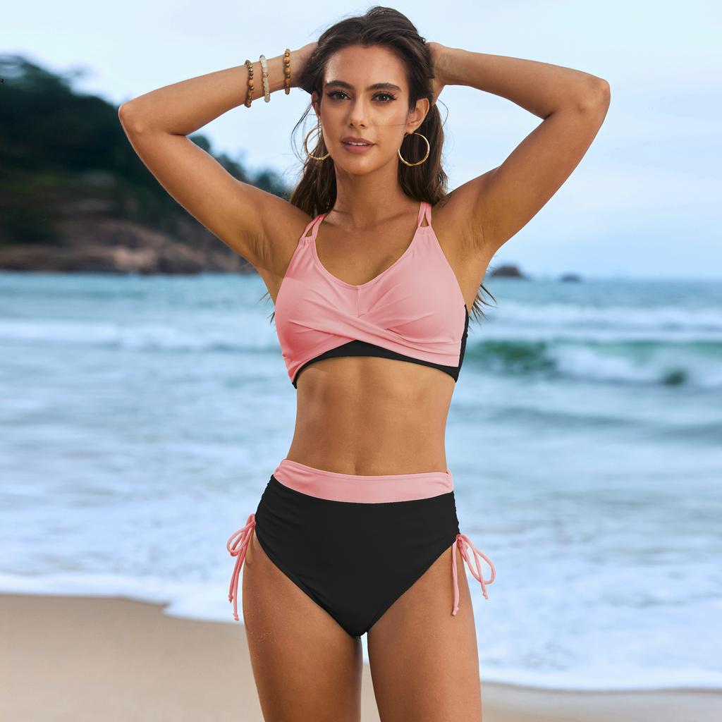 Borsa a tracolla con corda intrecciata tinta unita da donna 2025 Bikini Nuovo costume da bagno a due pezzi Moda Estiva Abbigliamento da Spiaggia