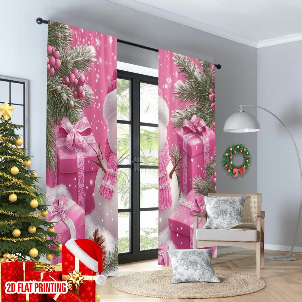 Flat Printing Merry Christmas Popular Curtains Cute Snowman Pink Gifts Polyester Without Electricity Party Curtain Set Of 2 Made Washable
