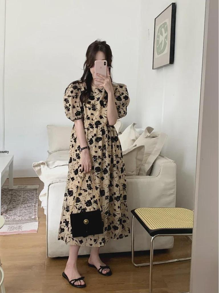 Korean Style Puff Sleeve Floral Midi Dress for Women