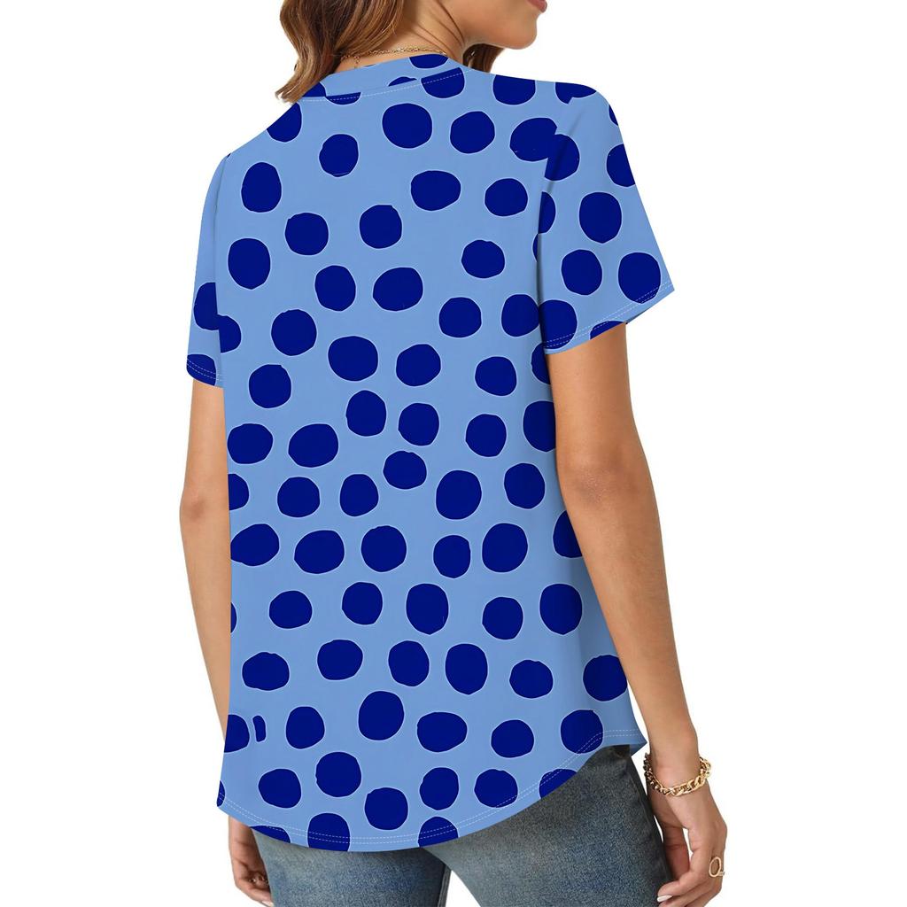 Women's Short Sleeve Casual V-neck Chest Pleated Printed Loose T-shirt Top