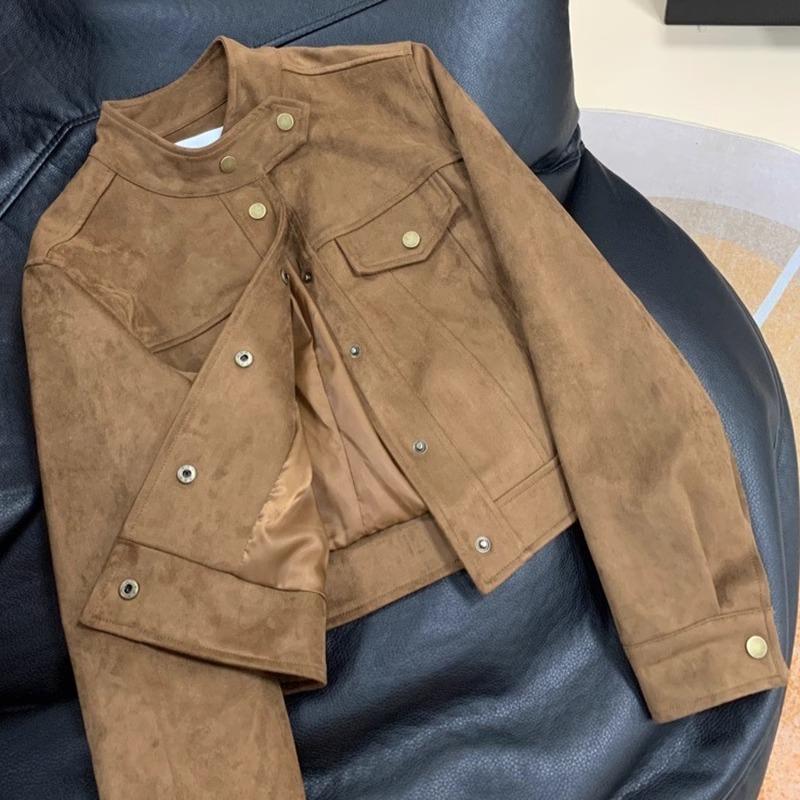 Petite Suede Brown Motorcycle-Style Jacket for Women - Spring/Autumn Fashion