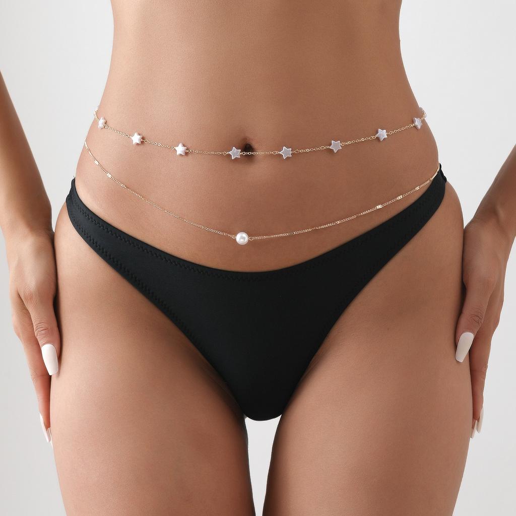 Europe, America, Geometric Pentagram Imitation Pearl Handmade Chain Waist Body Chain Women, Vintage Double Waist Chain