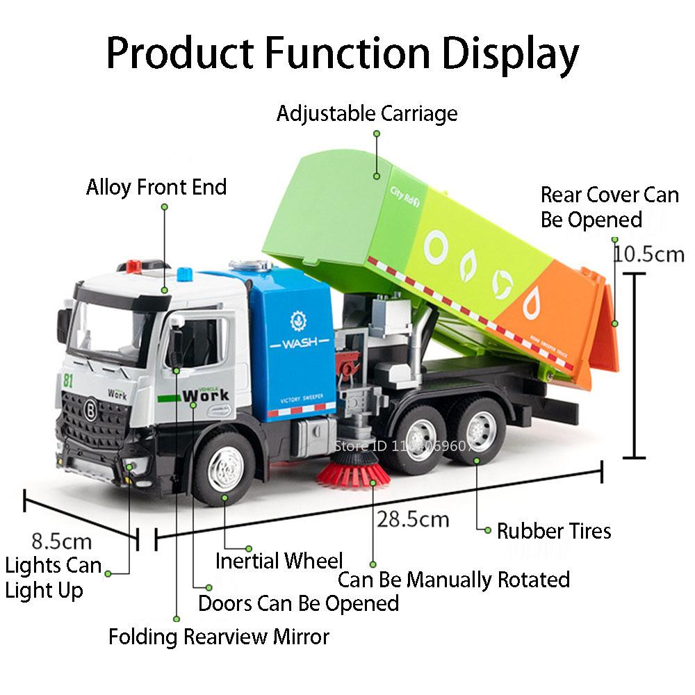 1:24 Garbage Car Sanitation Truck Toy Model Metal Diecast Music Light Doors Opened Engineering Vehicles Inertial Advance Toys