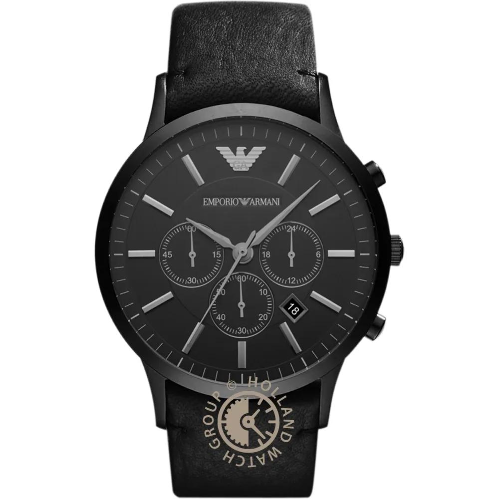 Emporio Armani Renato XLarge Black Leather Men s Quartz Chronograph Watch AR2461 чёрный