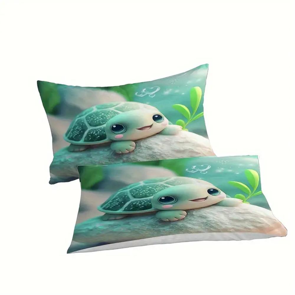 Cartoon Turtle Themed Duvet Cover Set - Breathable Soft Polyester Bedding with Zipper Closure, Digital Print, Knitted