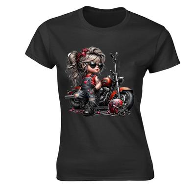 Ragazza Biker Cartone Animato Grintoso Donna Nera Maglietta Moto Top Regalo per Donna Tee