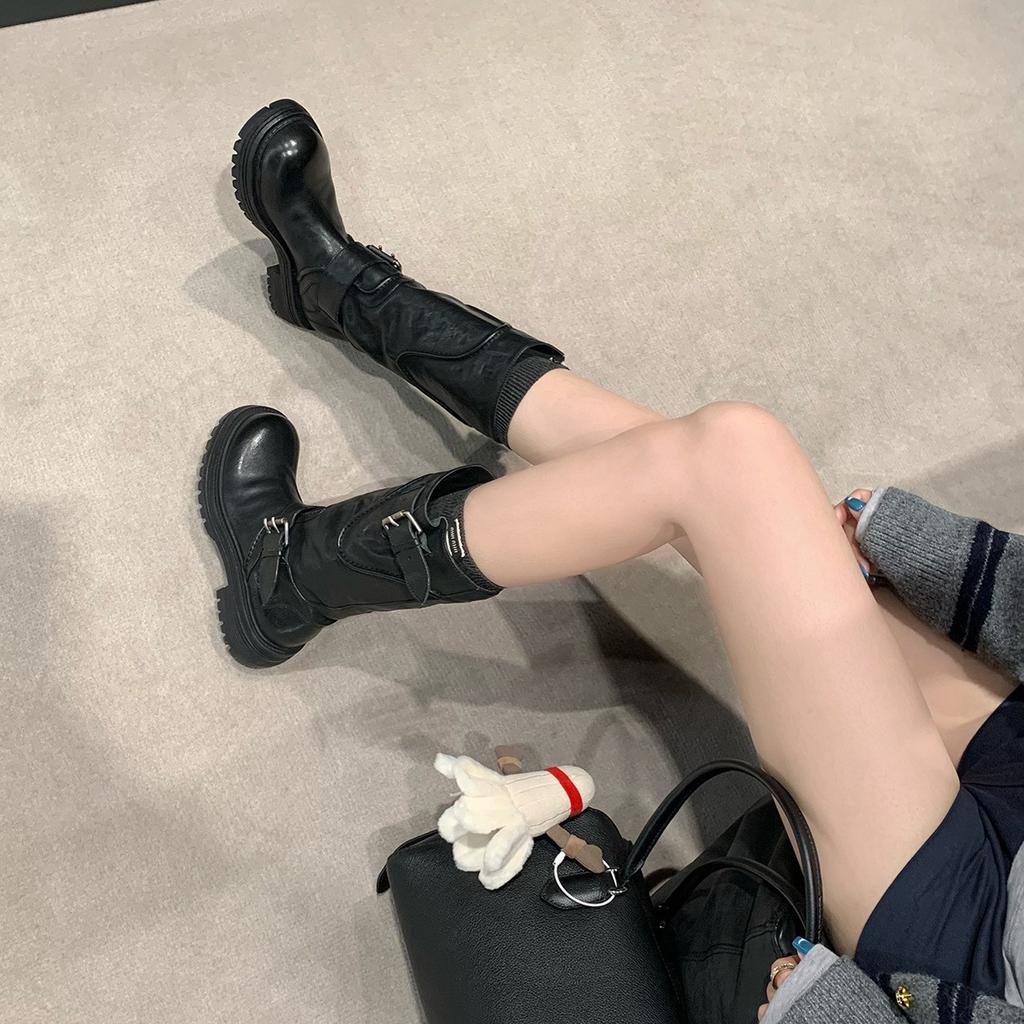 Leather Version Grape Ma Same Washed Horse Leather Kusa Round Head Buckle with Thick-soled Knight Boots Women's Medium Motorcycle Boots