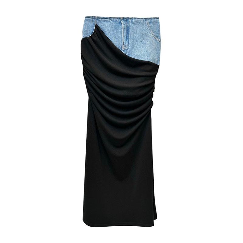 Modern Deconstruction High-waisted Denim Skirt Women's Two-piece Illusion Black Ruffled Splicing Design Sensibility Long Skirt