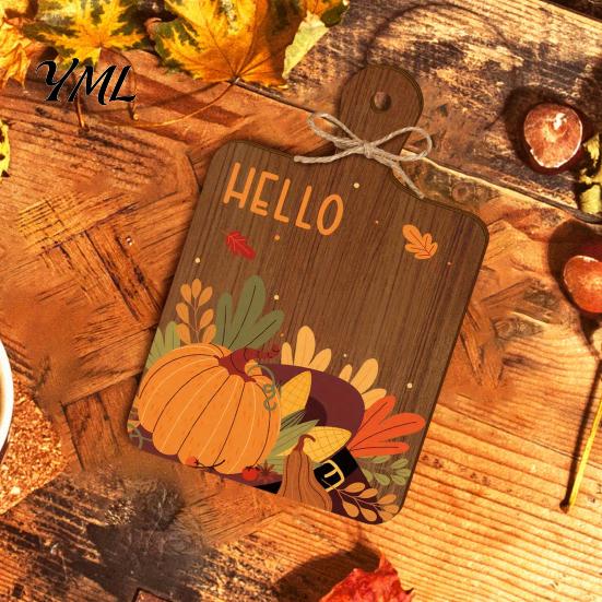 Rustic Fall Wooden Ornaments Hello Sign, Cutting Board Shape Autumn Harvest Tabletop Ornament with Indoor Party Decor Hanging Rope & Stand, Farmhouse
