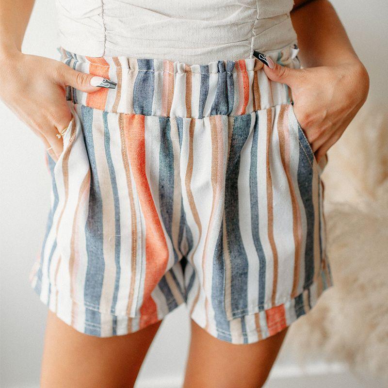 

Stripes Washed Casual Elastic Frill Waist Shorts Stripes Size S fit (45.00 kg-55.00 kg